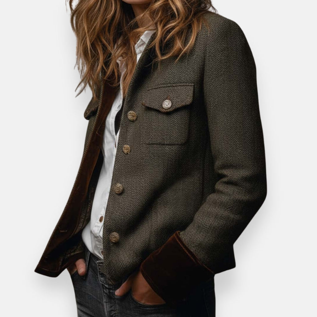 Women's Tweed Look Jacket with Velvet Cuffs for Autumn Days