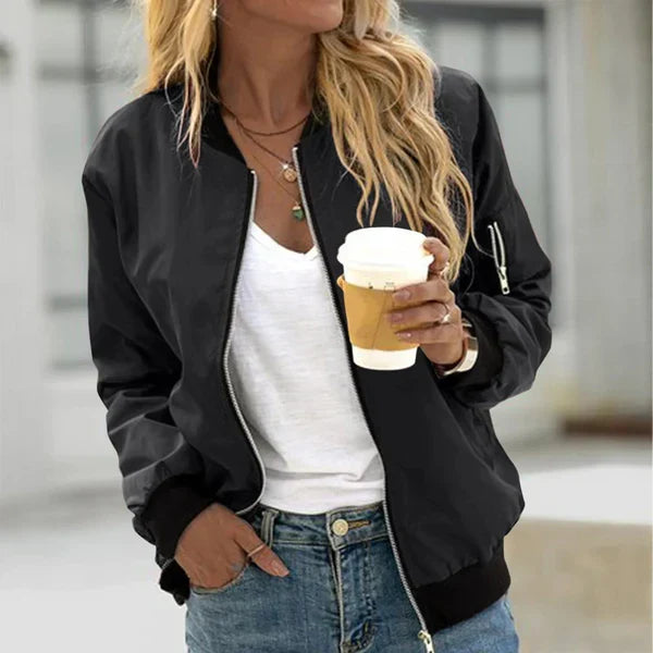 Women's Classic Bomber Jacket with Zip Front for Everyday Wear