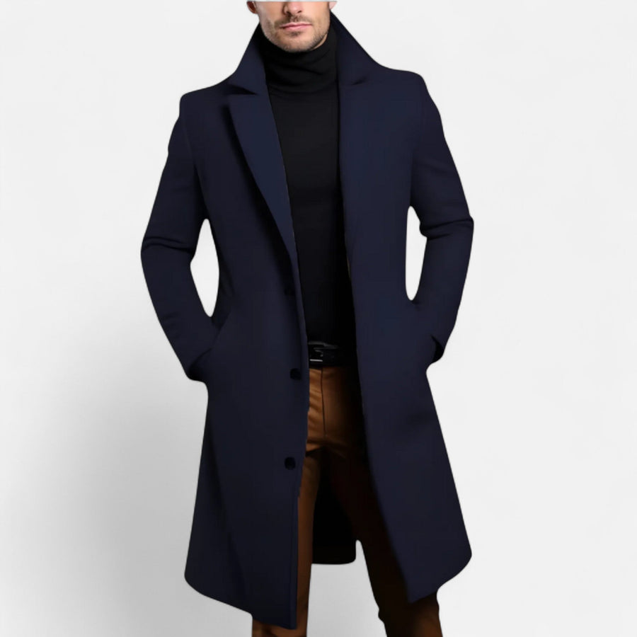 Men's Single Breasted Long Coat with Notch Lapels for Autumn and Winter