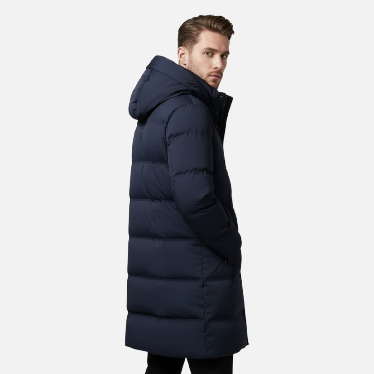 Men's Long Padded Coat with Hood for Cold Winter Days