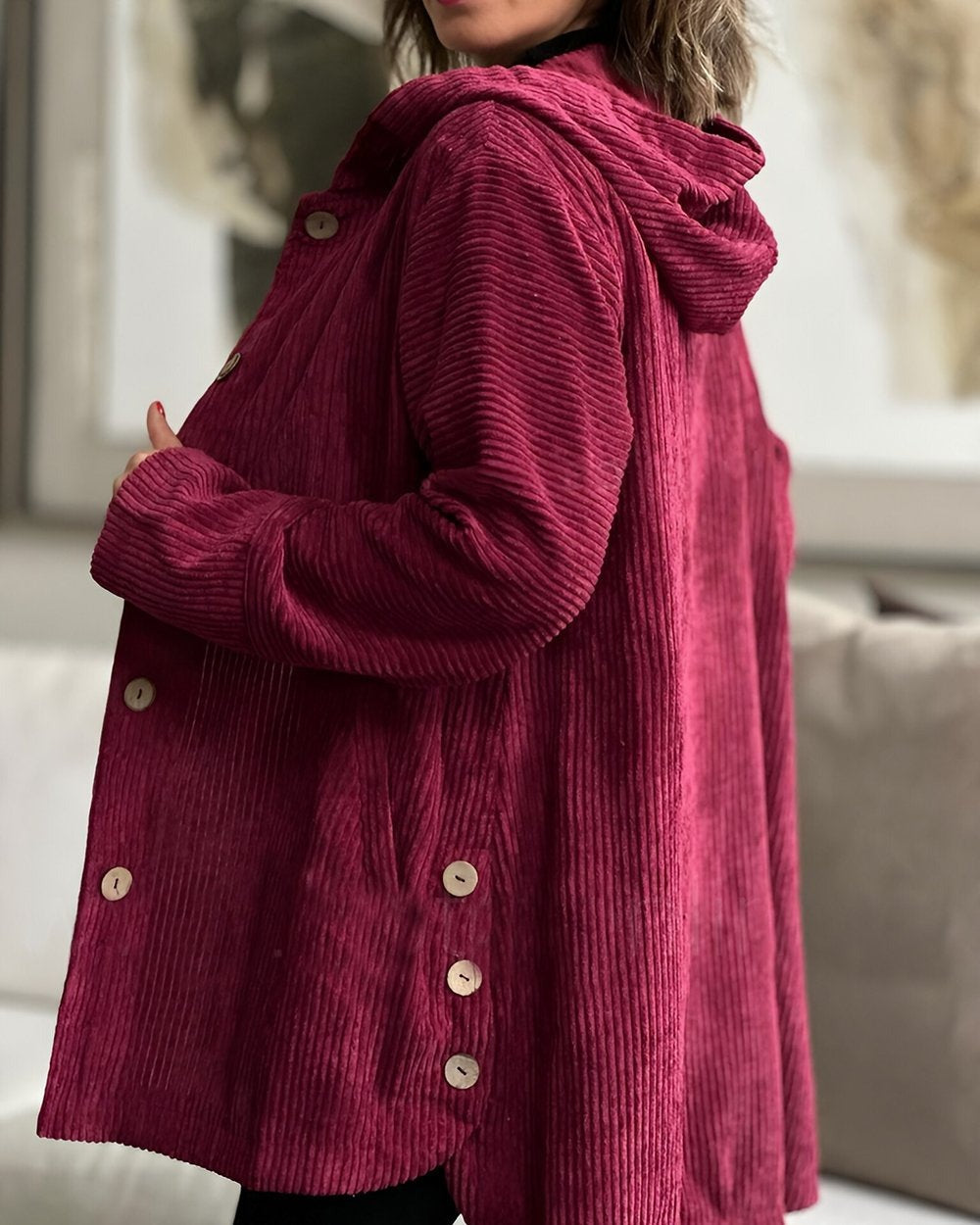 Women's Oversized Corduroy Jacket with Hood for Autumn Days