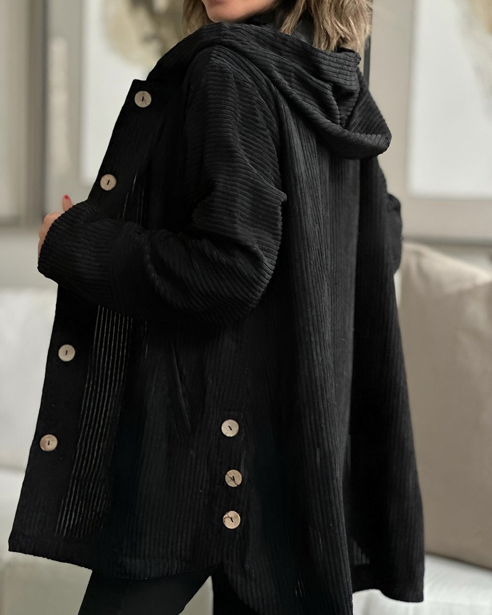 Women's Oversized Corduroy Jacket with Hood for Autumn Days