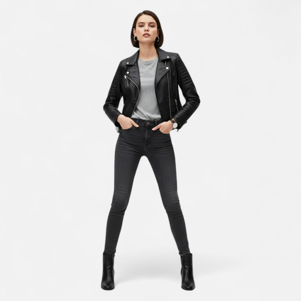 Women's leather look biker jacket in black