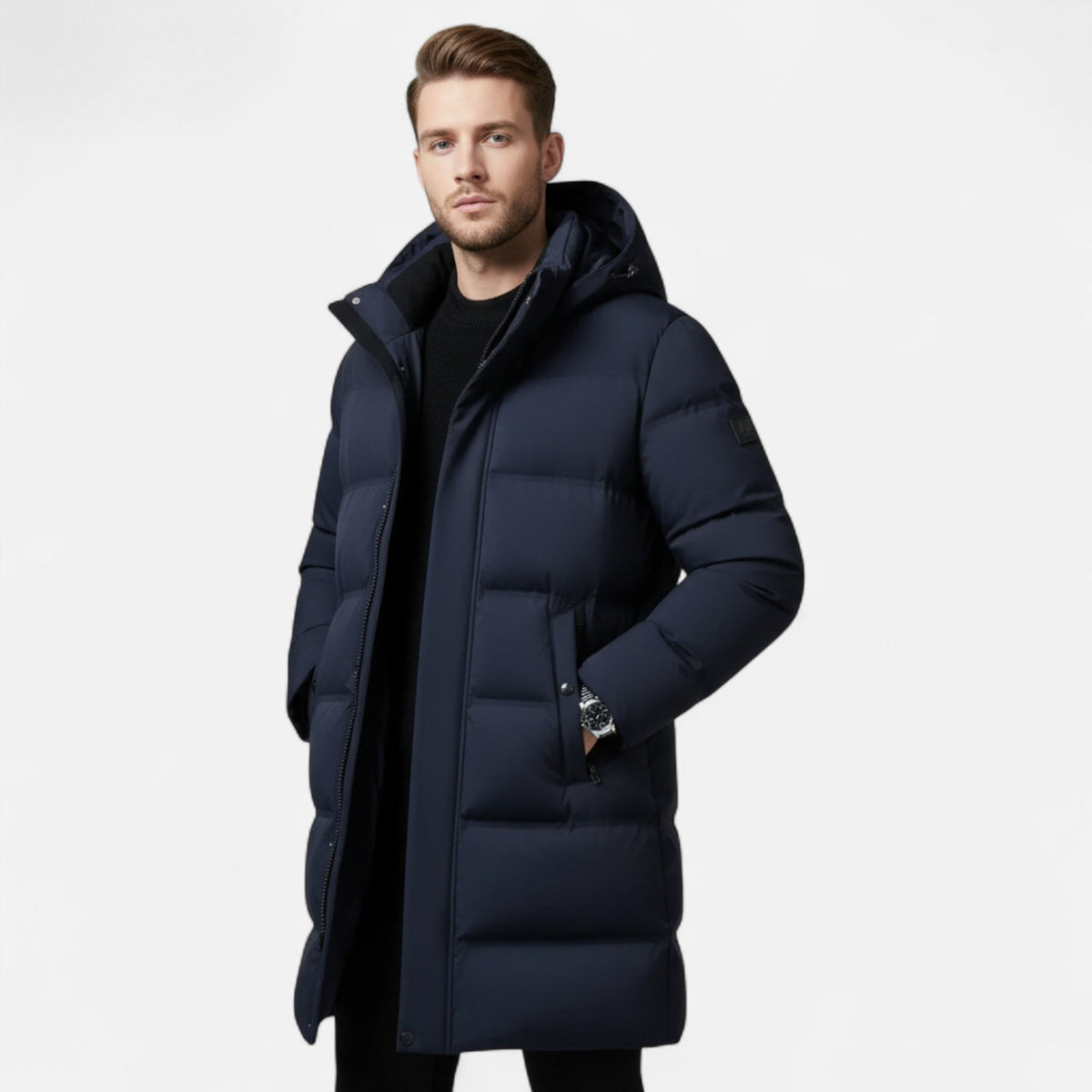 Men's Long Padded Coat with Hood for Cold Winter Days