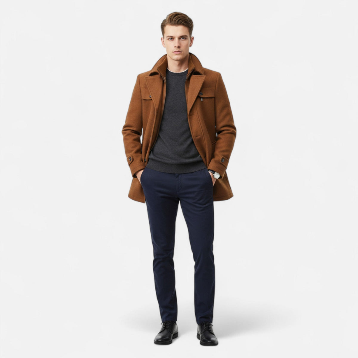 Men's double collar wool blend coat