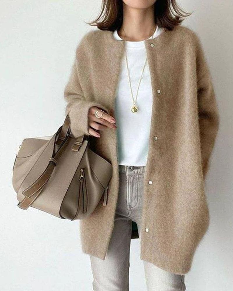 Women's round neck long cardigan in beige