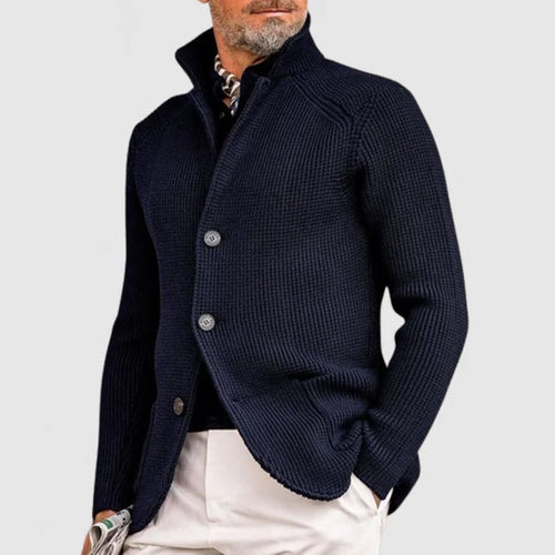 Navy men's button-up knit cardigan