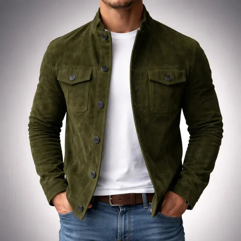 Olive green men's suede look shirt jacket