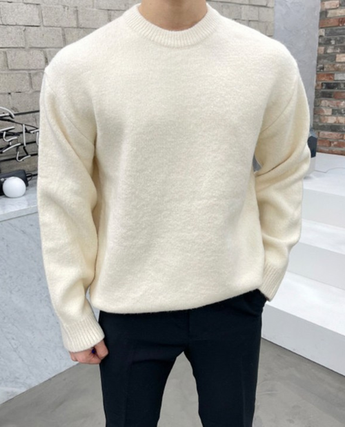 Men's Brushed Knit Crew Neck Sweater in beige