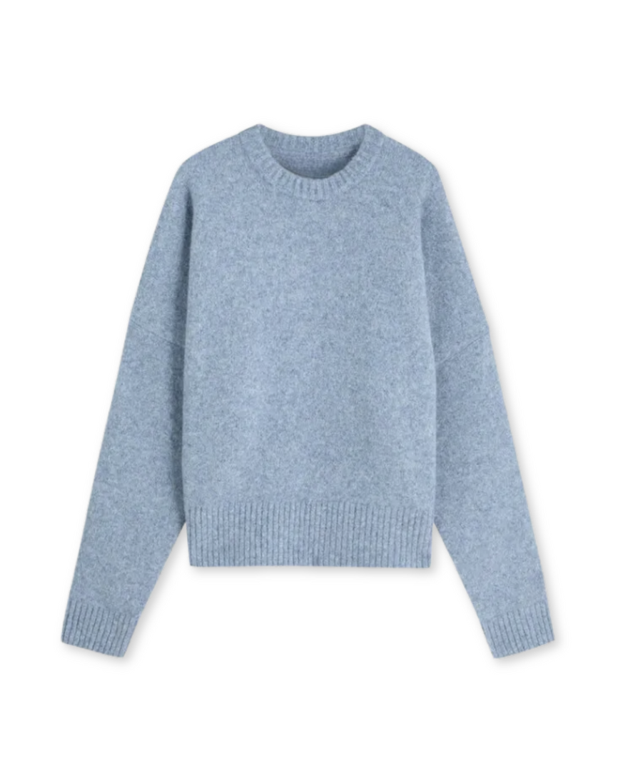 Men's brushed knit crew neck sweater in light blue – flat view