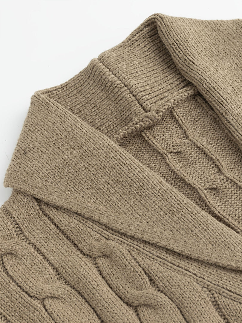 Close-up of the khaki shawl collar