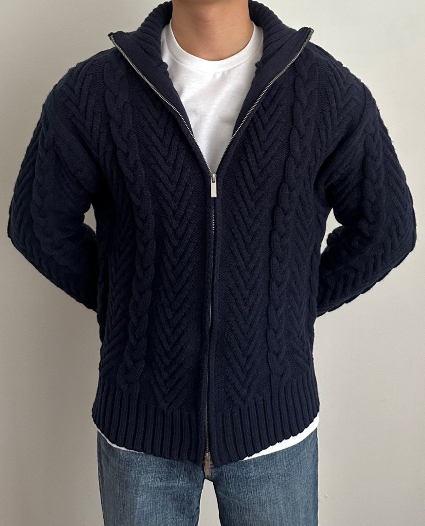 Men's Cable Knit Zip Cardigan with High Collar in 2 Colors
