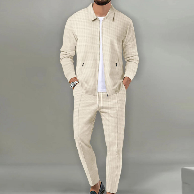 Men's cardigan and trouser set in beige – front view