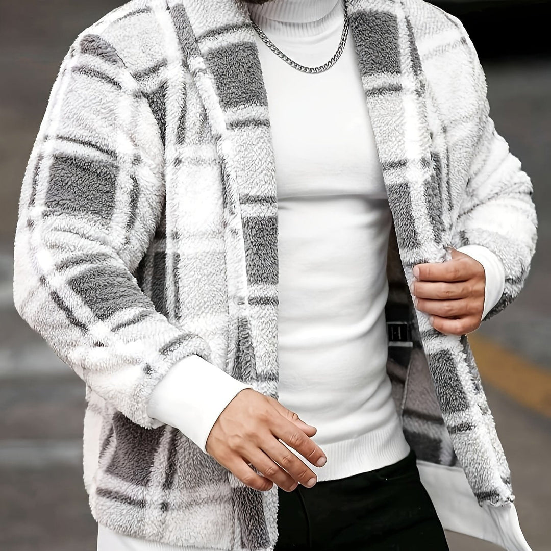 Men's Check Teddy Fleece Jacket in white grey