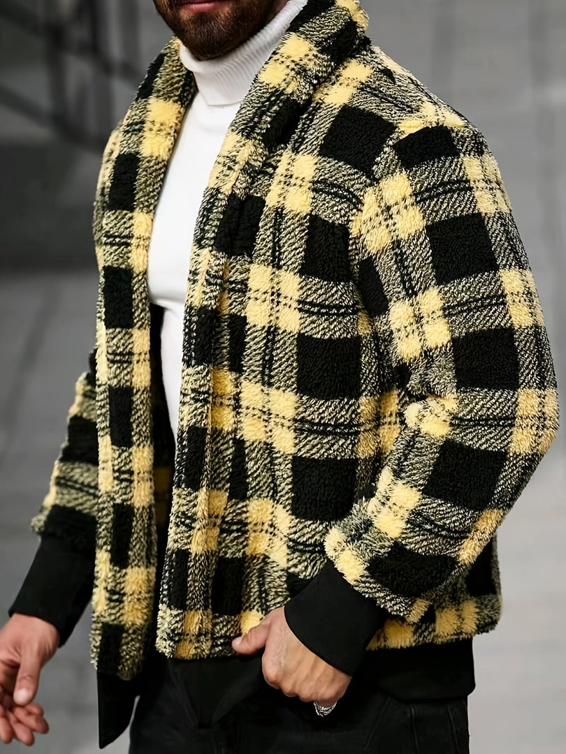 Man wearing the check teddy fleece jacket in yellow black – three-quarter view
