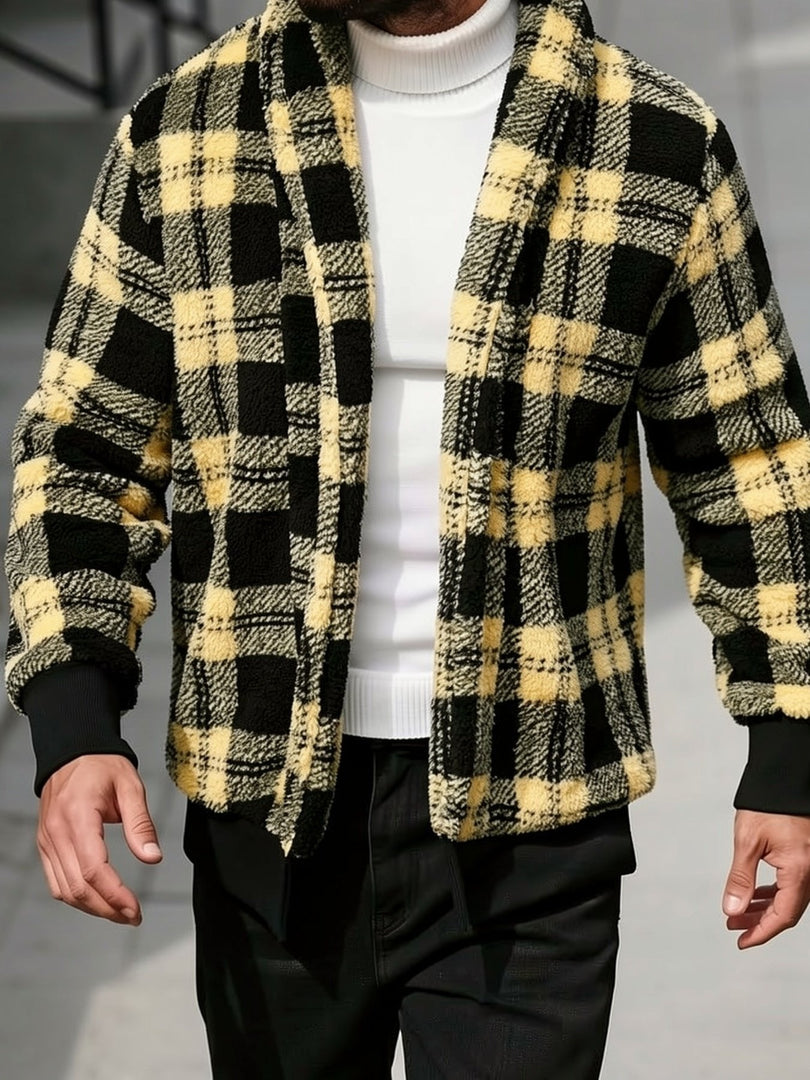 Man wearing the check teddy fleece jacket in yellow black – front view