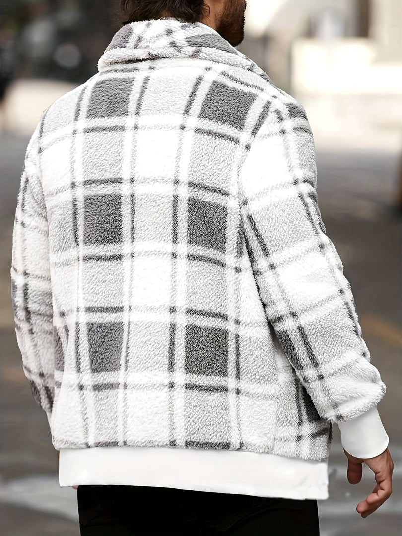 Man wearing the check teddy fleece jacket in white grey – back view