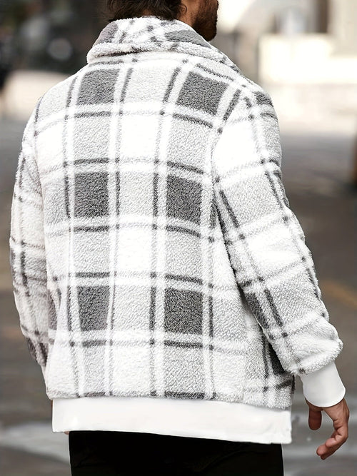 Man wearing the check teddy fleece jacket in white grey – back view