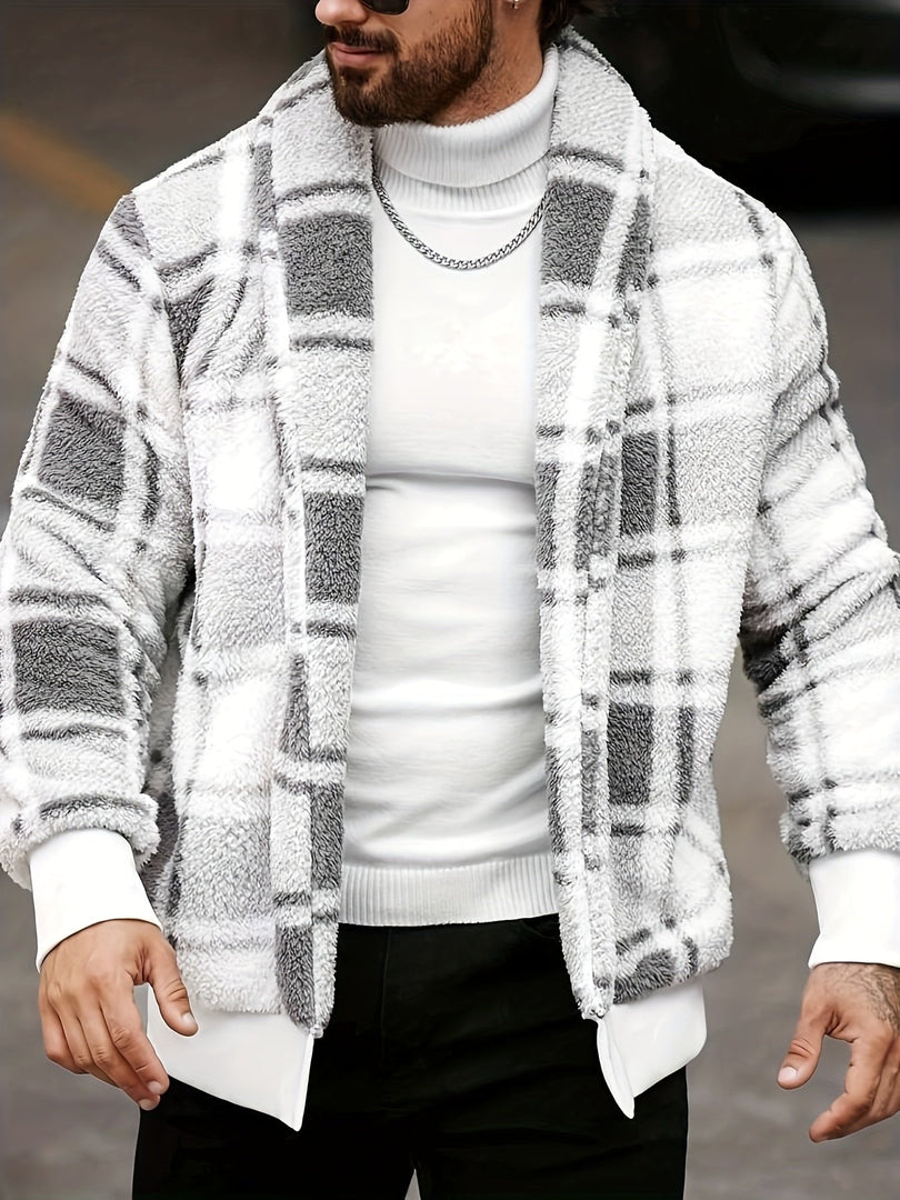 Man wearing the check teddy fleece jacket in white grey – walking
