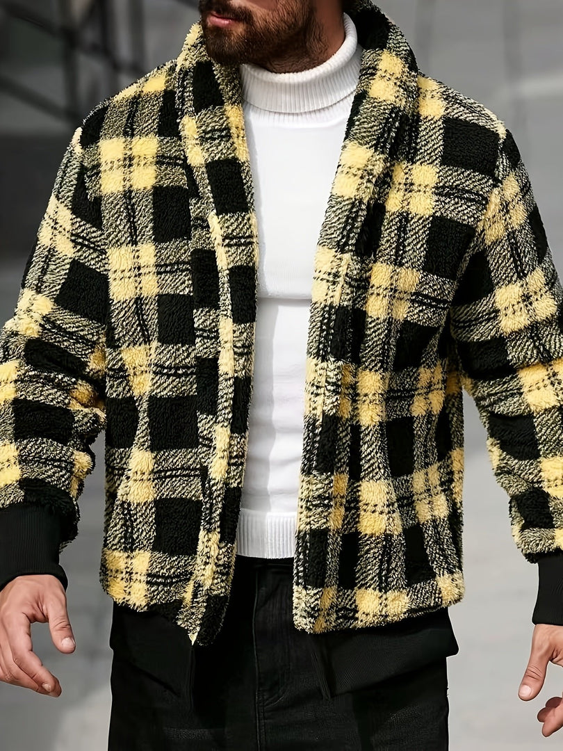 Man wearing the check teddy fleece jacket in yellow black – side view