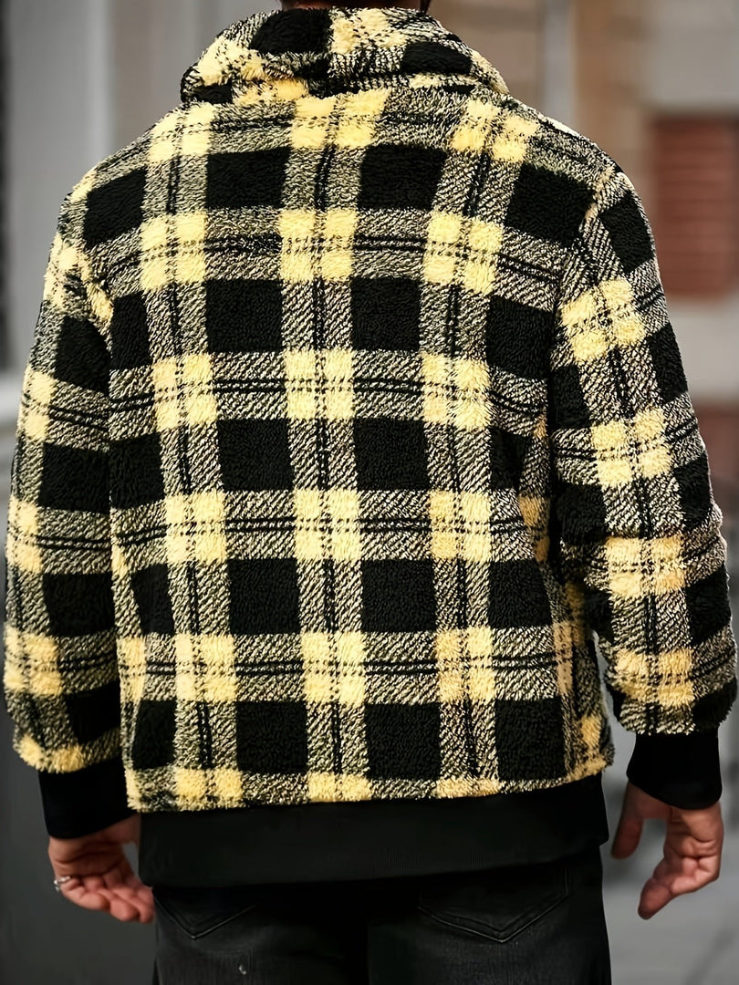 Man wearing the check teddy fleece jacket in yellow black – back view