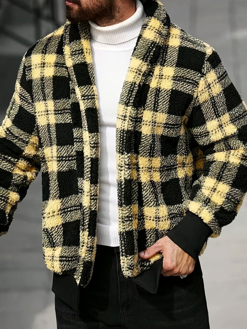 Man wearing the check teddy fleece jacket in yellow black – walking