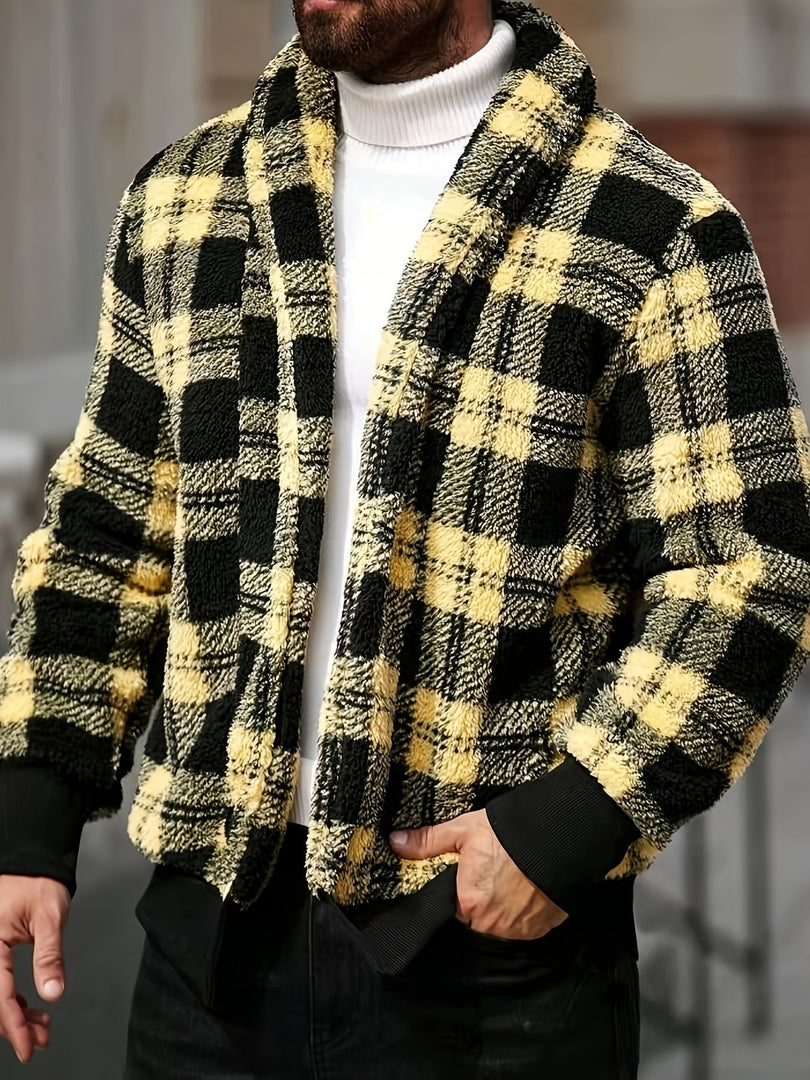 Man wearing the check teddy fleece jacket in yellow black – hands in pockets