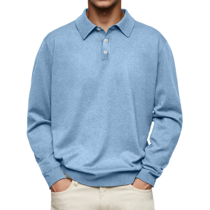 Men's classic long sleeve polo in light blue – front view