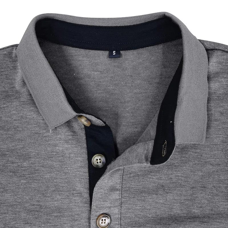 Men's long sleeve polo shirt with contrast placket in light grey – detail view