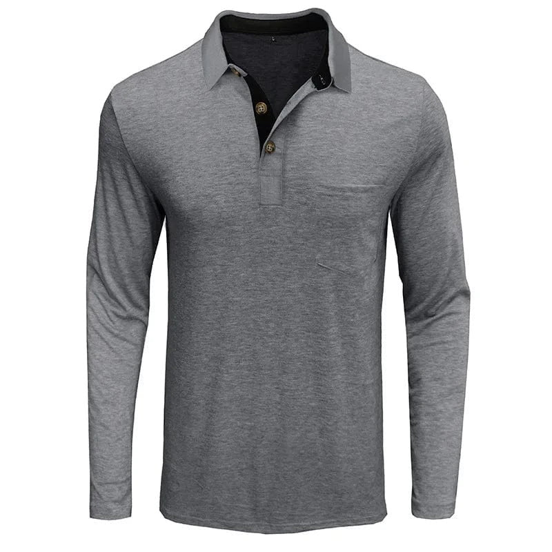 Men's long sleeve polo shirt with contrast placket in light grey – front view
