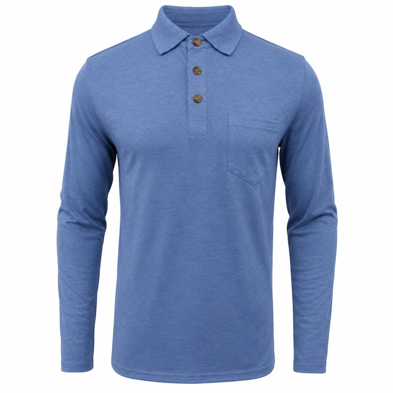 Men's long sleeve polo shirt with contrast placket in light blue – front view