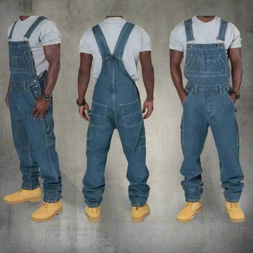 Men's denim dungarees in dark blue, front, side and back