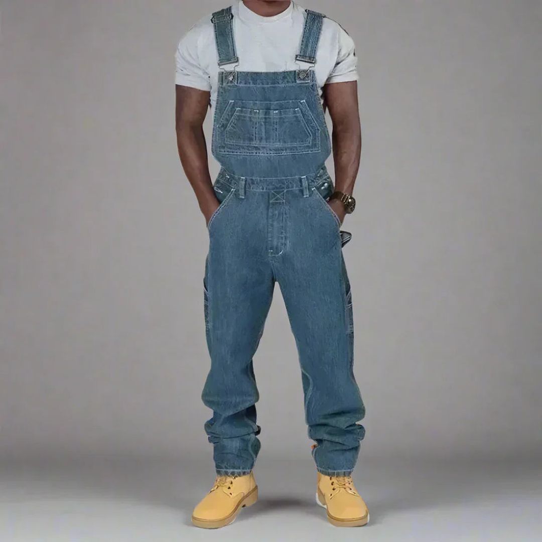 Men's denim dungarees in dark blue, front view