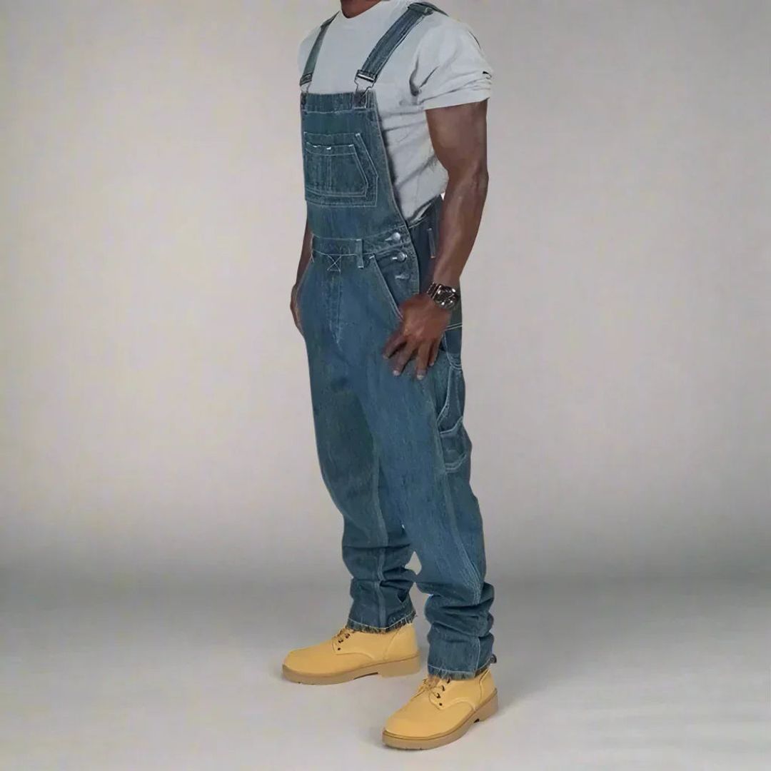 Men's denim dungarees in dark blue, side view