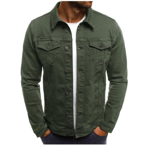 Men's denim look trucker jacket in green – front view