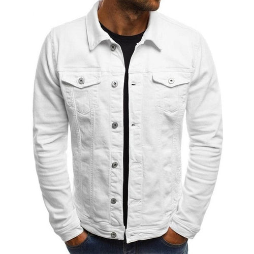 Men's denim look trucker jacket in white – front view