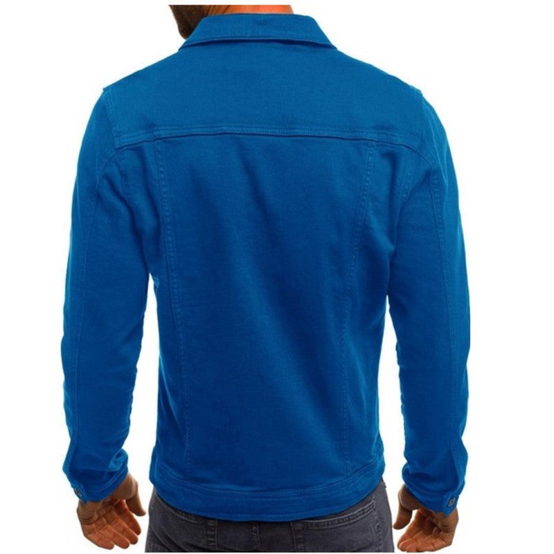 Men's denim look trucker jacket in blue – back view