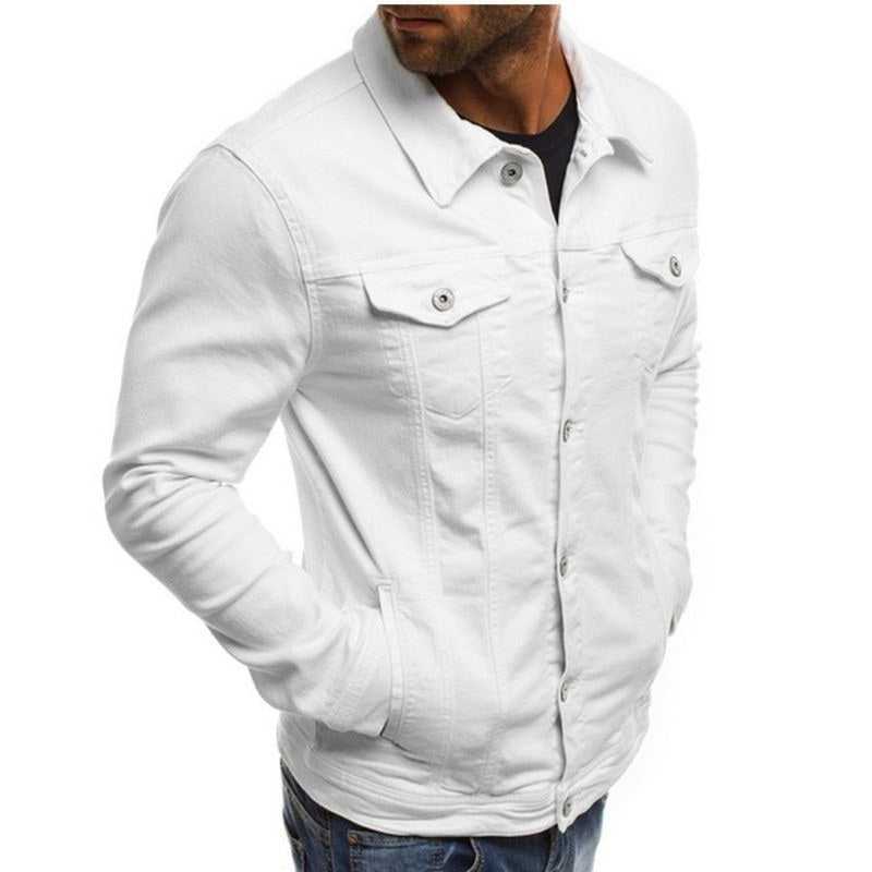 Men's denim look trucker jacket in white – side view