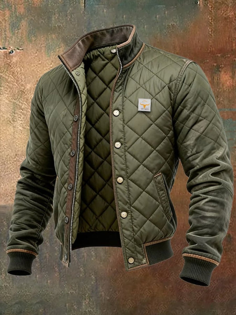 Men's Diamond Quilted Bomber Jacket with Stand Collar in Olive Green