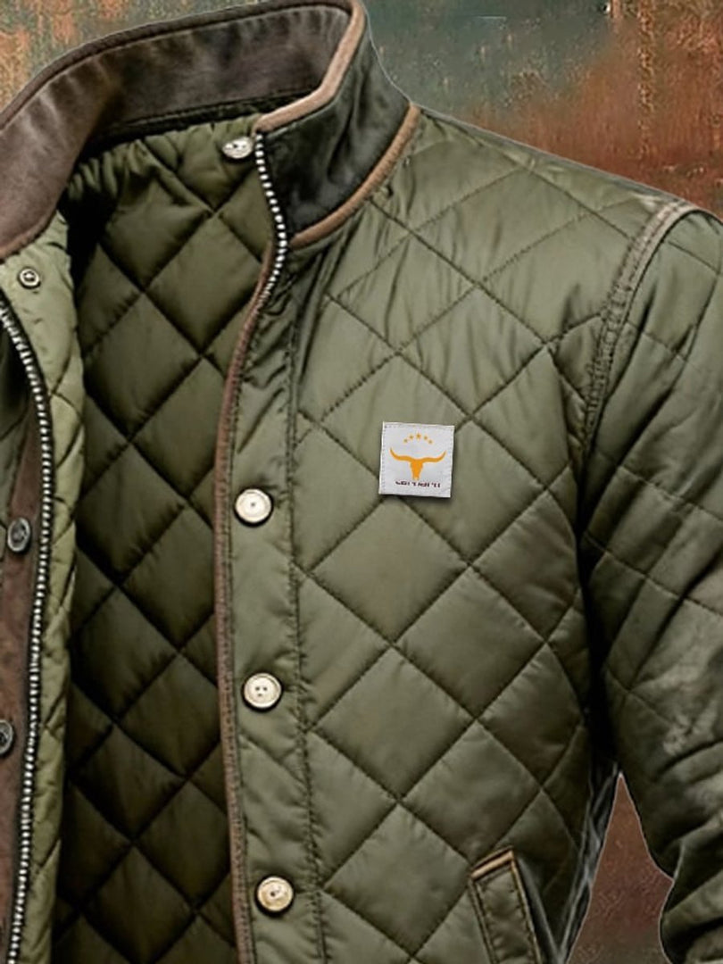 Close-up of the collar and patch on the olive bomber jacket