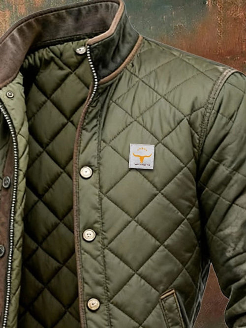 Close-up of the collar and patch on the olive bomber jacket