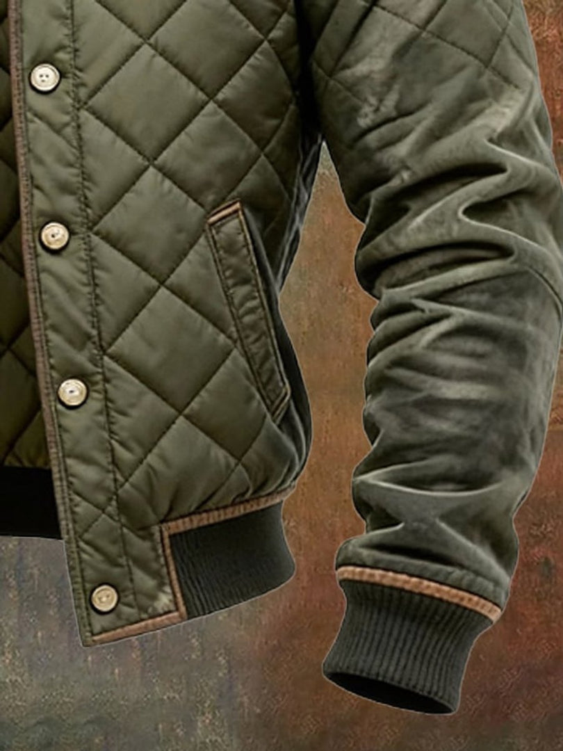 Close-up of the ribbed cuff on the olive bomber jacket