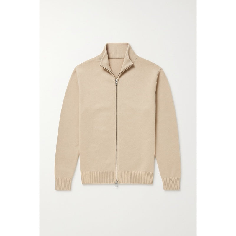 Men's fine knit zip cardigan with stand collar in beige – front view