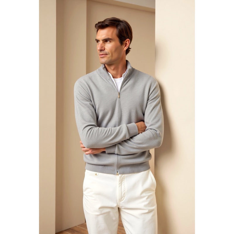 Men's fine knit zip cardigan with stand collar in grey – worn look