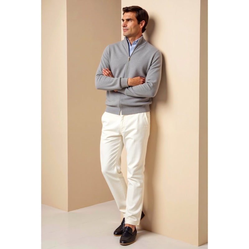 Men's fine knit zip cardigan with stand collar in grey – styled look