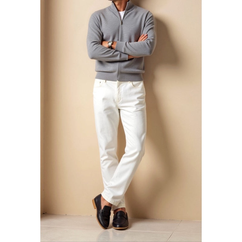 Men's fine knit zip cardigan with stand collar in grey – alternate view