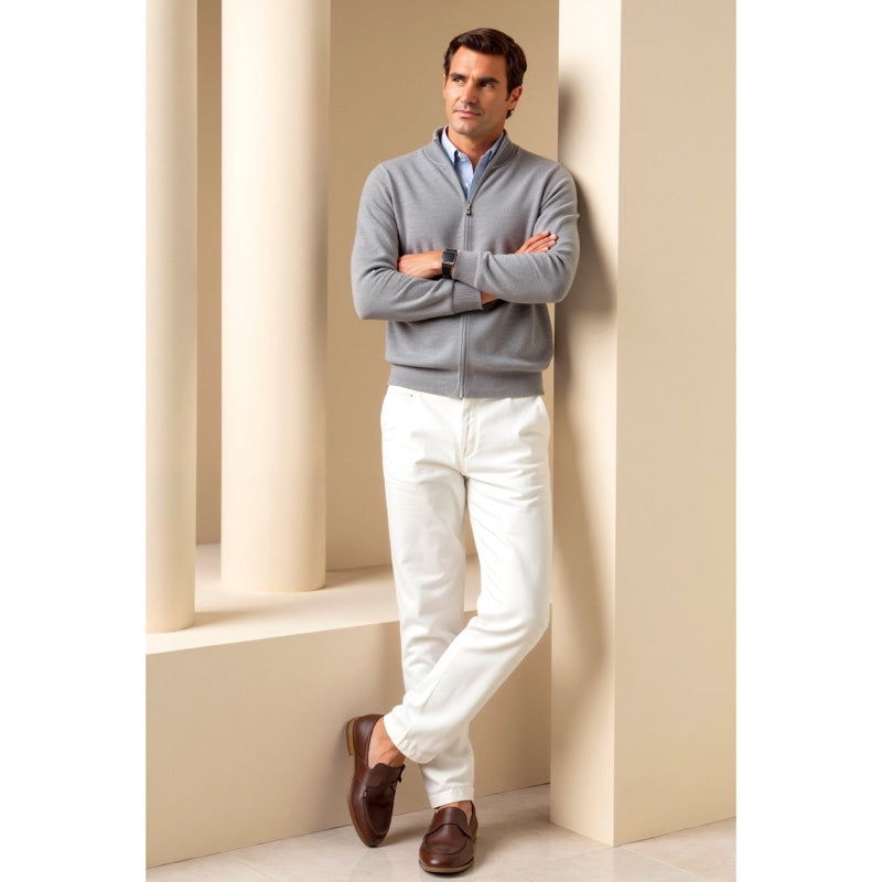Men's fine knit zip cardigan with stand collar in grey – full-length look