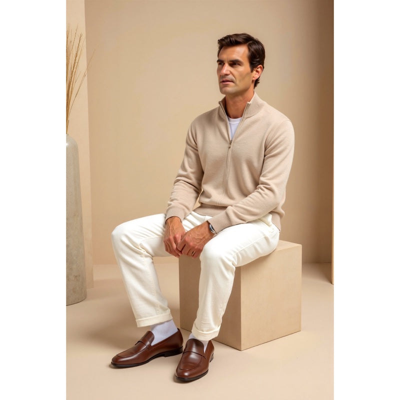 Men's fine knit zip cardigan with stand collar in beige – worn look