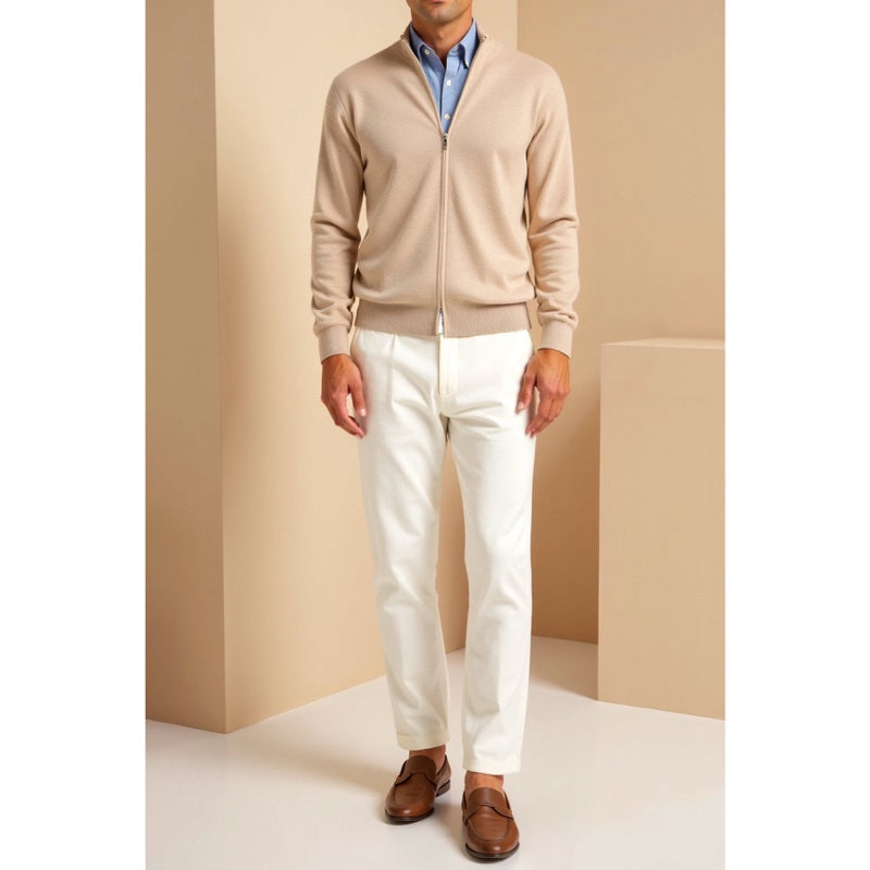 Men's fine knit zip cardigan with stand collar in beige – alternate view