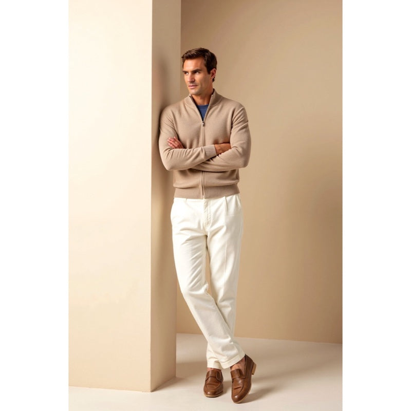 Men's fine knit zip cardigan with stand collar in beige – full-length look